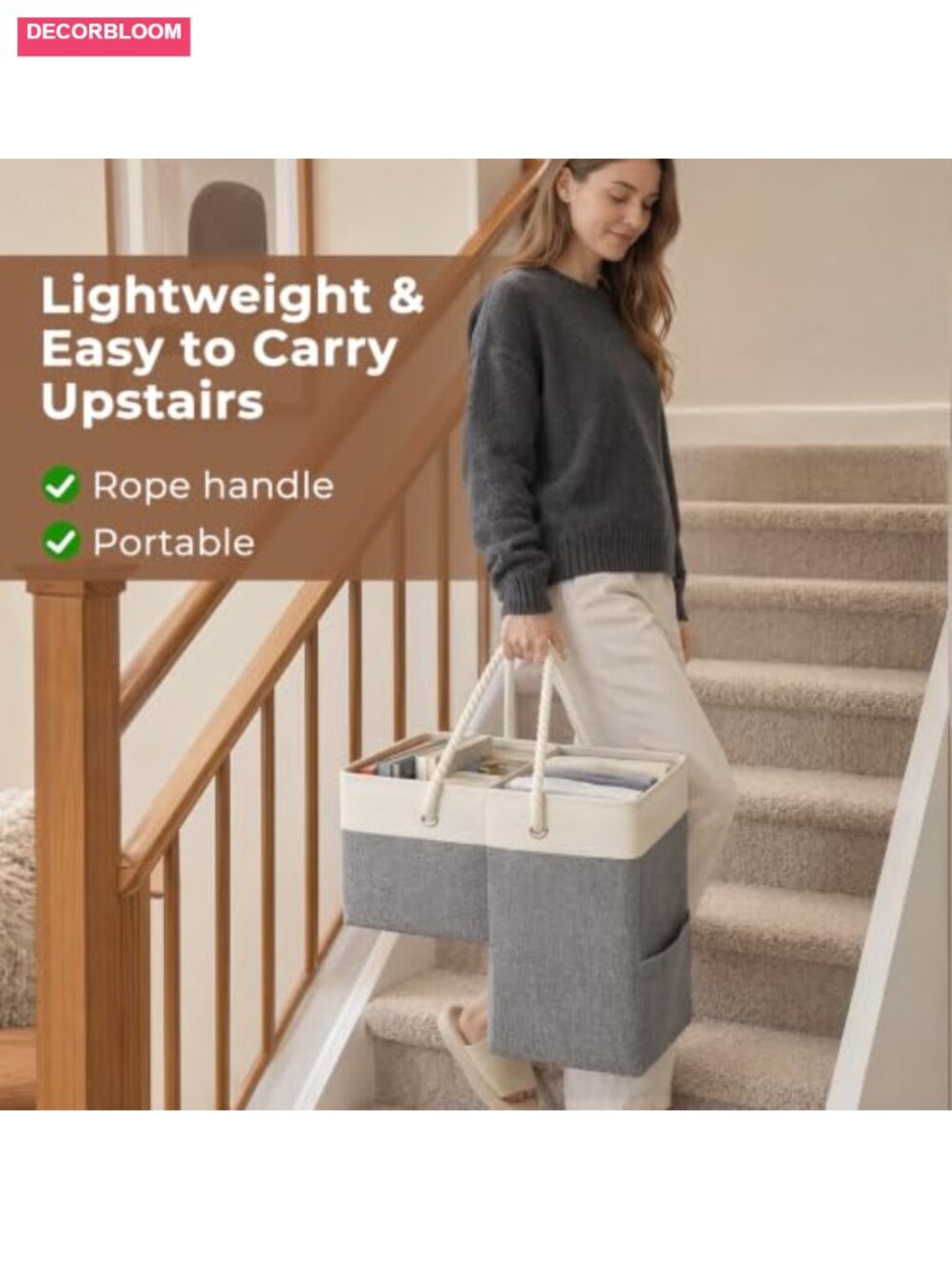 Stair Basket with Lid & Handle, Non-Slip Storage Organizer for Stairs, Cotton & - Picture 4 of 6